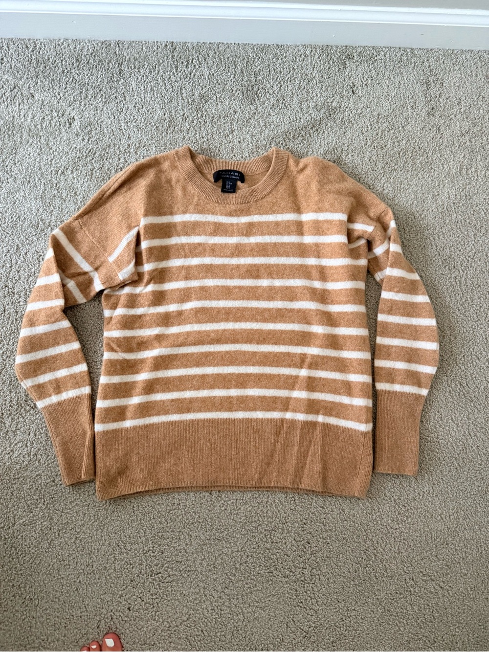 Tahari Tan and White Striped Cashmere Crewneck Sweater